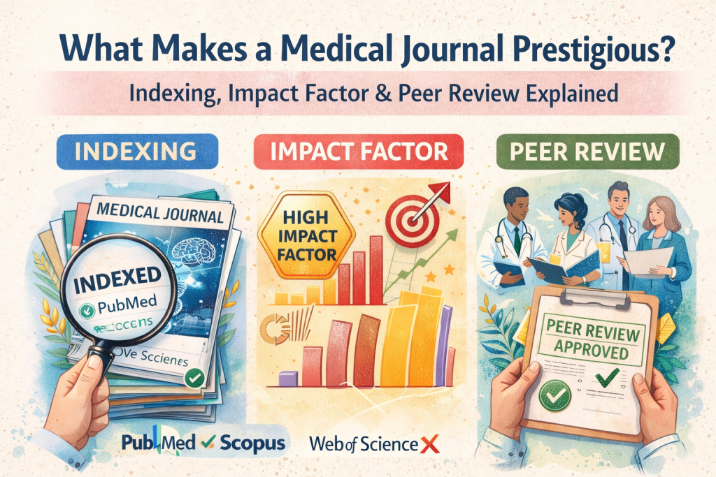 Visual guide to medical journal prestige showing key elements: indexing, impact factor, and peer review for researchers and medical authors.